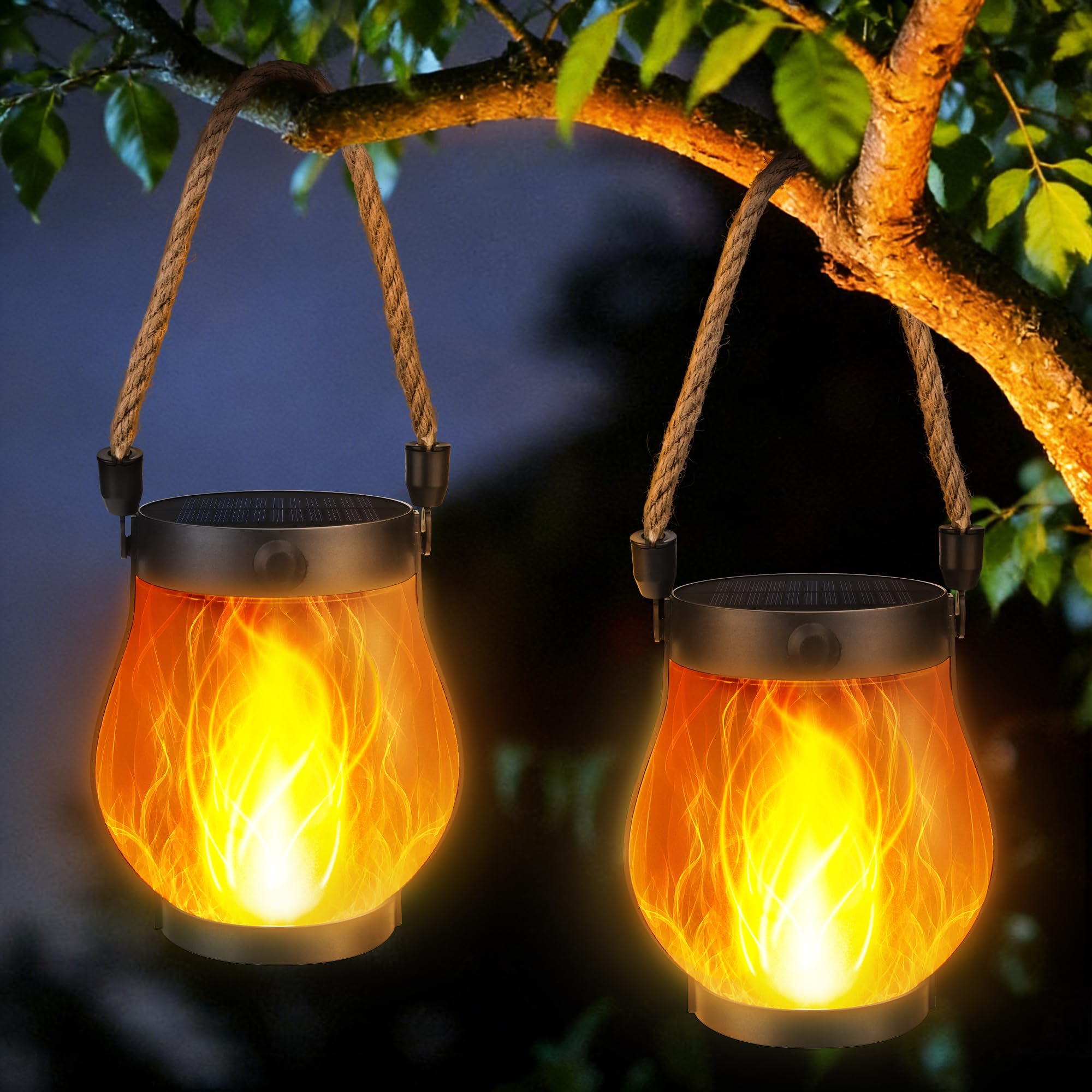 Photo 1 of **FOR PARTS ONLY/ SOLAR PANELS DAMAGED** Jyoiat Solar Lanterns Outdoor Waterproof - 2 Pack Hanging Solar Flame Lights with Dual Charging Modes of Solar & USB for Garden Yard Patio Decorative (Warm White - 2 Pack)