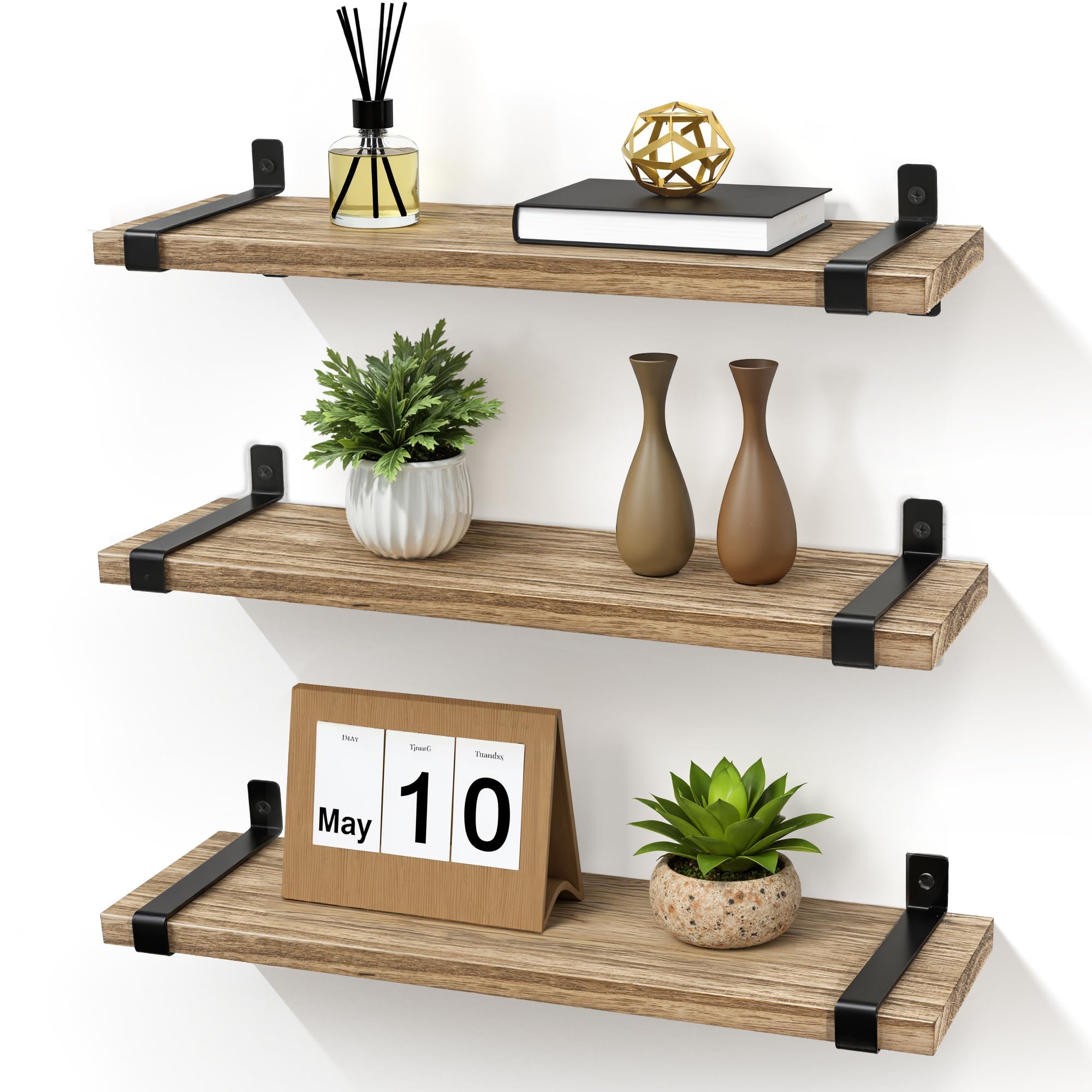 Gronda Rustic Floating Shelves for Wall, 40cm Wooden Wall Mount Bookshelves Hanging Organizer Storage Shelf Farmhouse Wood Decor for Living Room Kitchen Bedroom Bathroom Set of 3, Carbonized