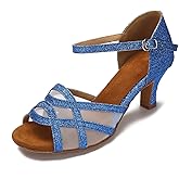 Women's Latin Dance Shoes Female's Ballroom Salsa Dance Shoes(B-Style Blue Size 6.5)