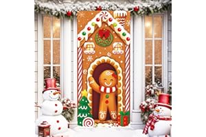 HunnmingRe Christmas Door Cover Decoration Oxford Gingerbread Front Door Banner 79 x 35 in with Rope and Hooks Gingerbread Man Backdrop Xmas Hanging Cover Photography Background for Holiday Decor
