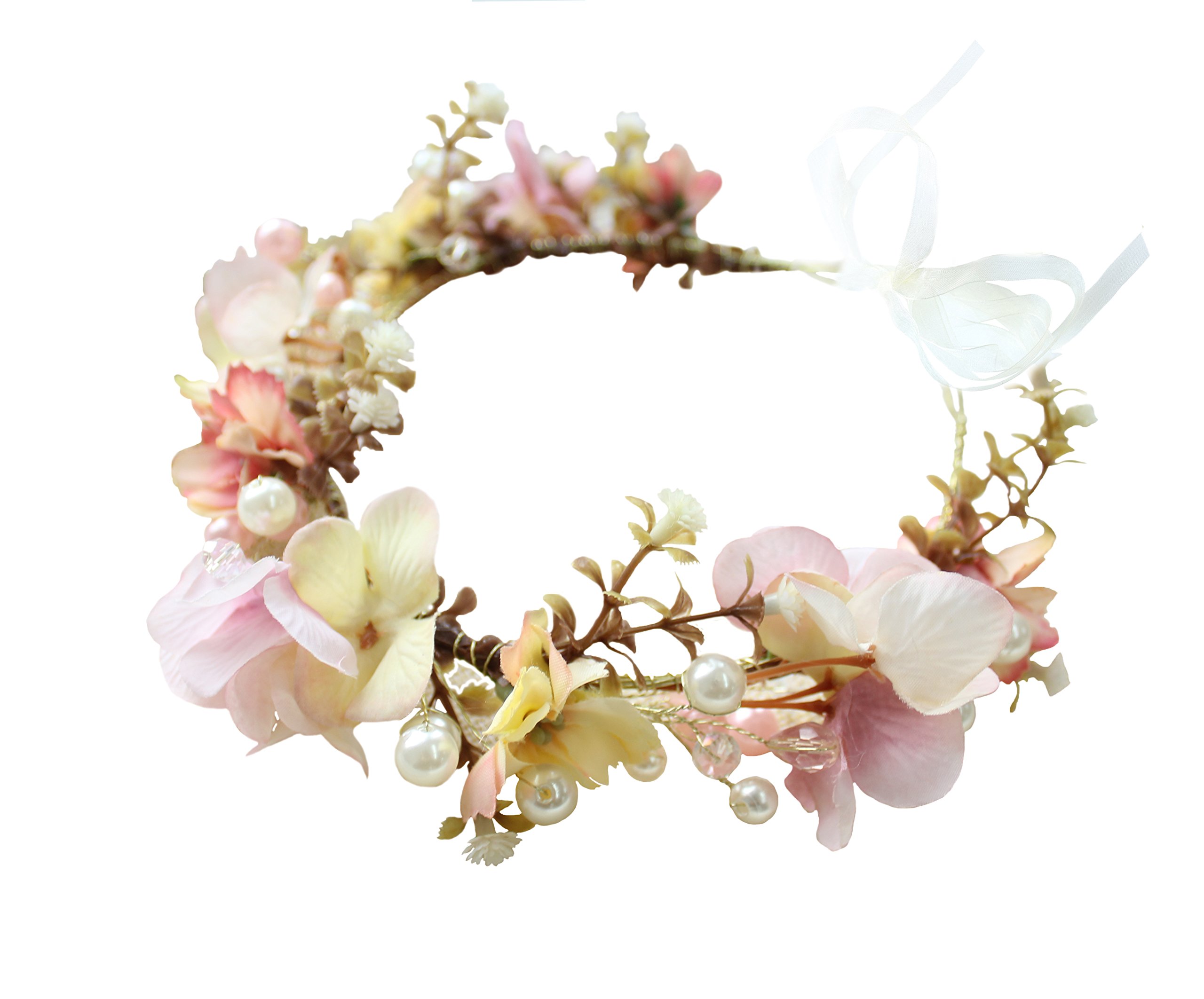 Brikuinr Floral Crown Wreath Pearl Flower Headband Hair Wreath Hair Garland Flower Halo Floral Headpiece with Ribbon Wedding Party Festival Pink — image 1
