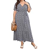 KOJOOIN Women Plus Size V Neck Wrap Maxi Dress Short Sleeves High Waist Ruffle Summer Casual Dress with Belt