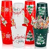 Ainibar 24 Pack Christmas Party Cups - 16oz Red, Green & White Stadium Cups with 24 Paper Straws, Festive Designs for Holiday Celebrations