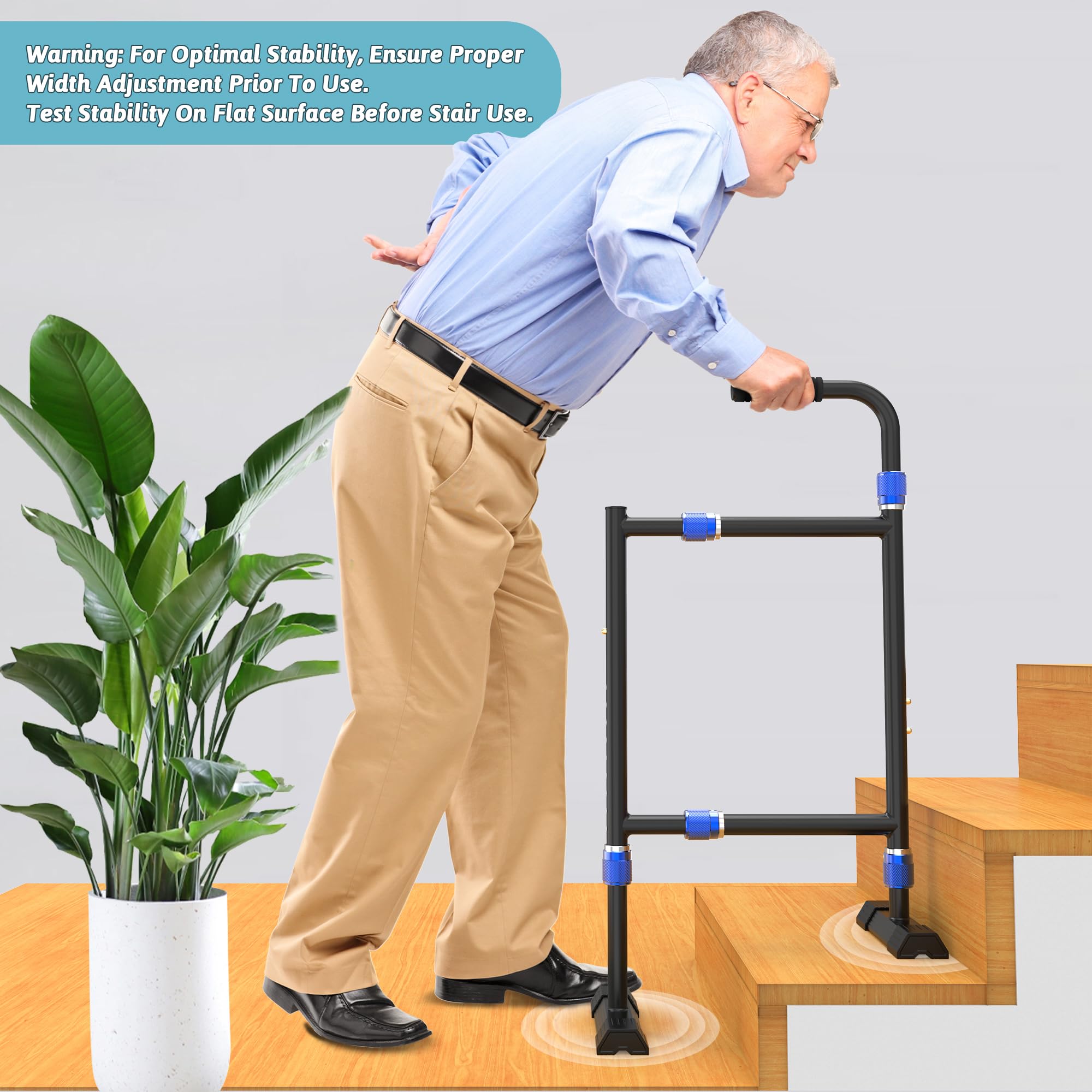 Height & Width Adjustable Stair Assist Cane for Seniors, Customizable to fit Most Indoor/Outdoor Steps, Wide Anti-Slip Base, Professional Stair Climbing Assist Cane for Sore Knees & Post-Surgery