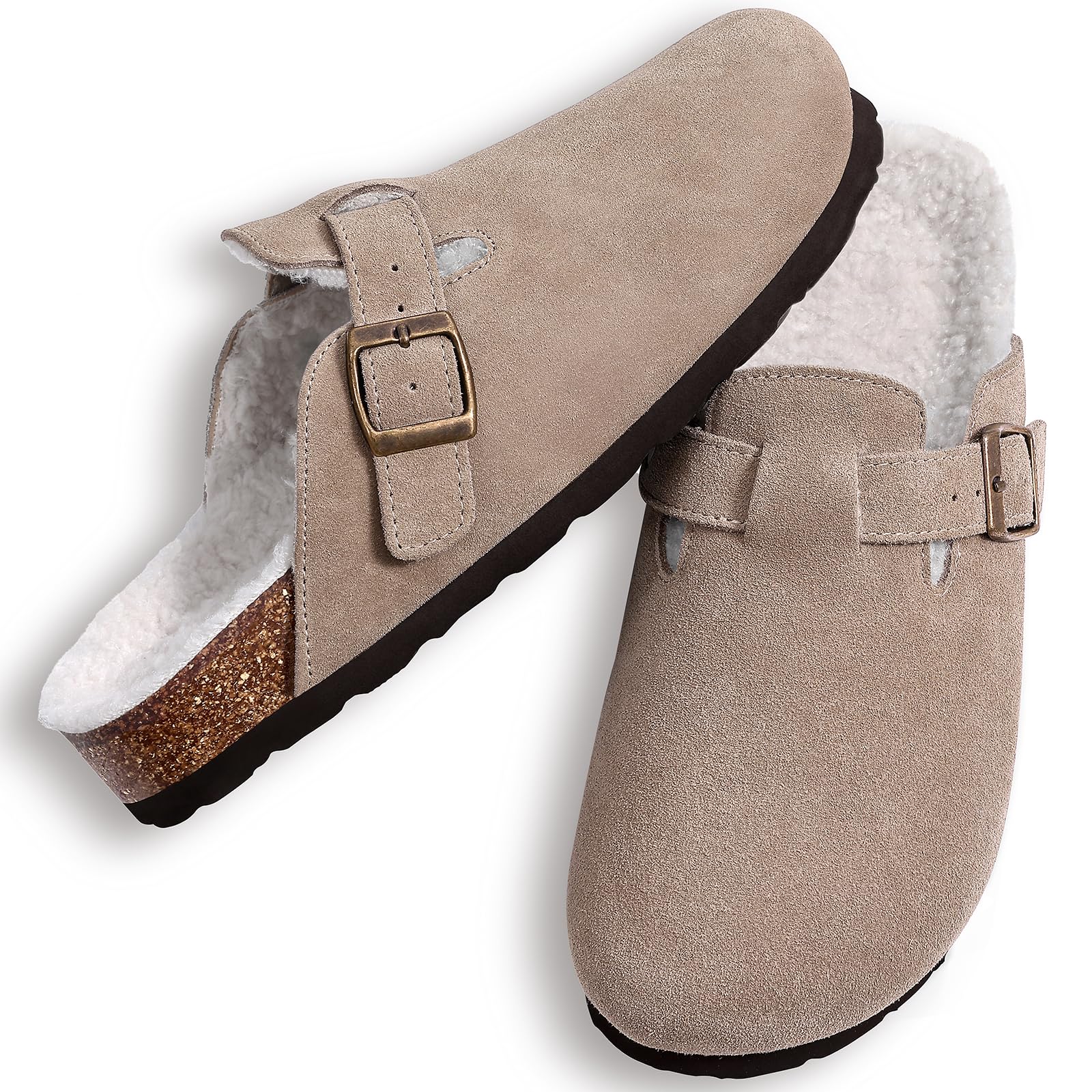KIDMI Women's Fur Lined Suede Clogs Fuzzy Cork Footbed Mules Slip On Winter Potato Shoes