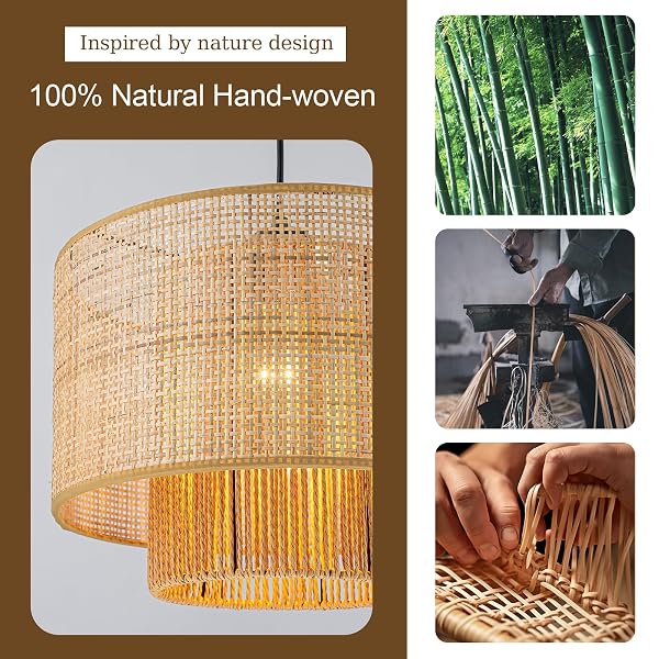 HUOKU 13.8” RATTAN DRUM CHANDELIER, 1-LIGHT BOHO DINING ROOM LIGHT FIXTURES FARMHOUSE PENDANT LIGHT HAND WOVEN LIGHTING FOR KITCHEN ISLAND LIVING ROOM BLACK
