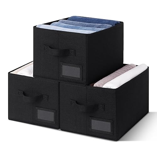 GRANNY SAYS Storage Bins, Storage Baskets for Shelves, Fabric Storage Bins for Clothes, Closet Organization Bin, Collapsible Storage Bin with Handles, Decorative Storage Box, Black, Large, 3-Pack