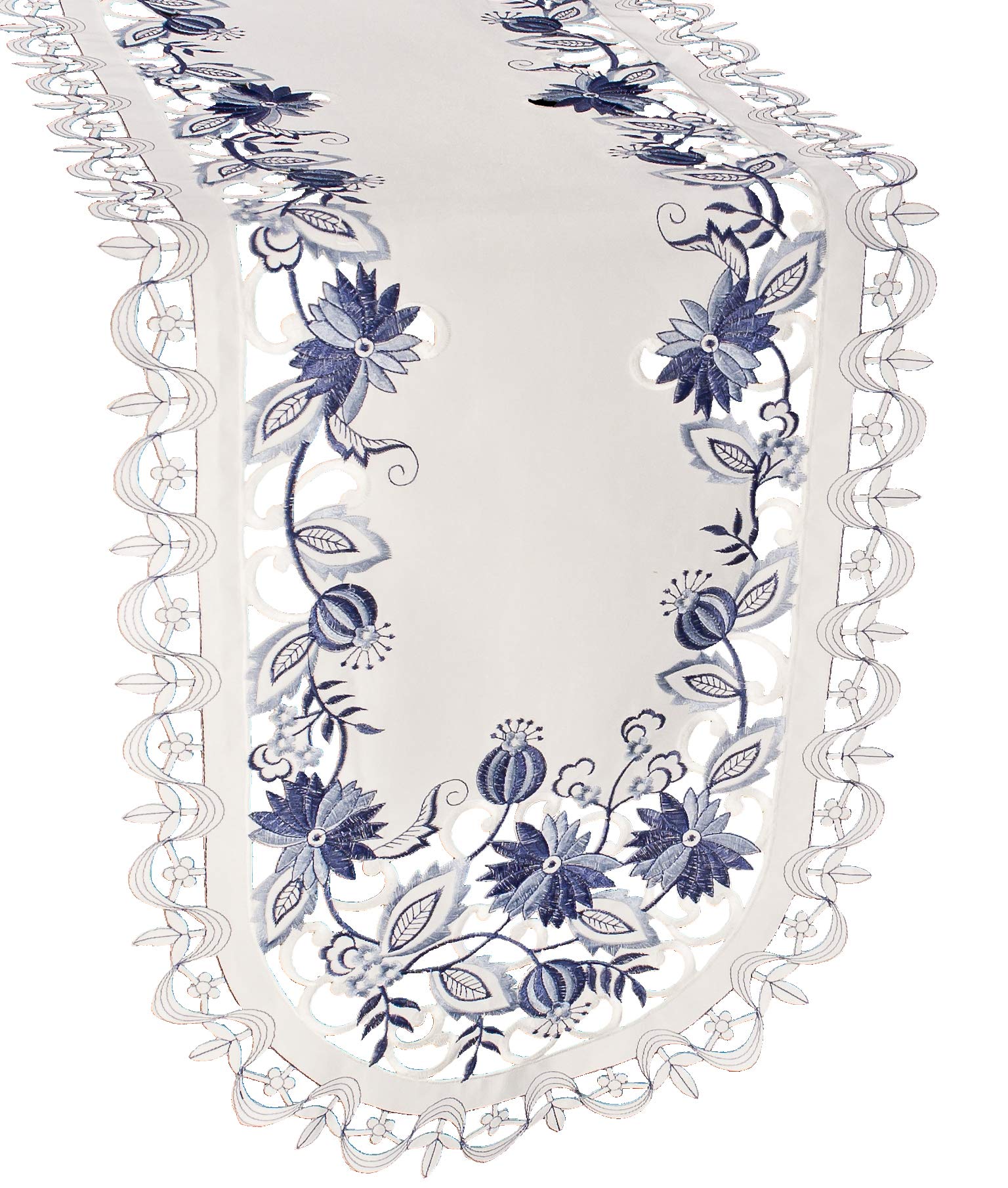 Linens, Art and Things Embroidered Delft Blue Onion Flower Table Runner Dresser Scarf Doily 15 x 34 Inch