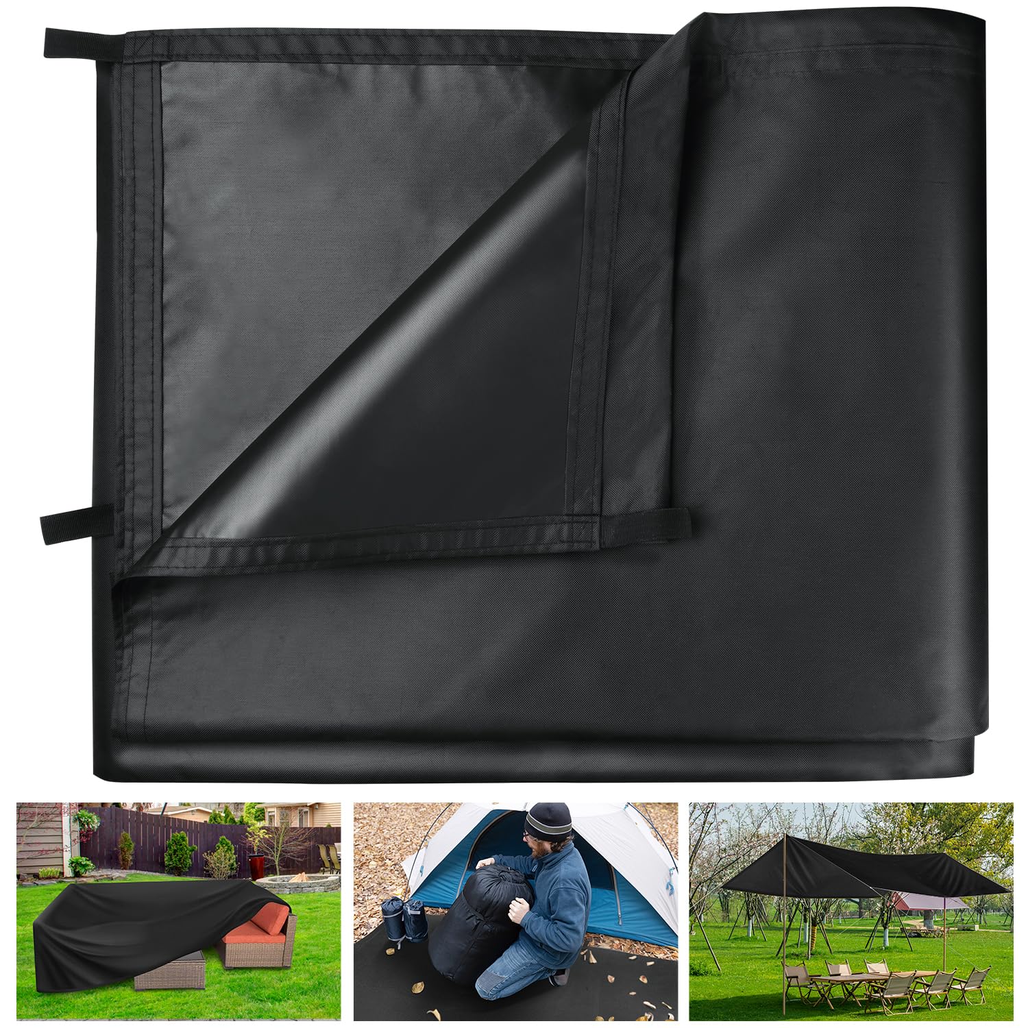Honsaifau Waterproof Tarpaulin Outdoor Cover: Black 2m x 3m 420D Oxford Fabric Tarp Sheet with Reinforced Loops - Tear-Resistant UV Protection for Camping Garden Shed Furniture Trailer