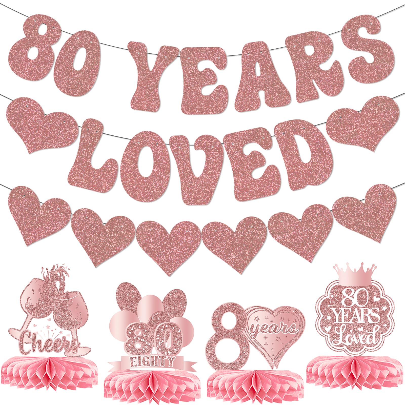 Photo 1 of 80th Birthday Decorations for Women, 80th Birthday Banner, 80 Years Loved Banner Garland Centerpiece, Rose Gold Glitter