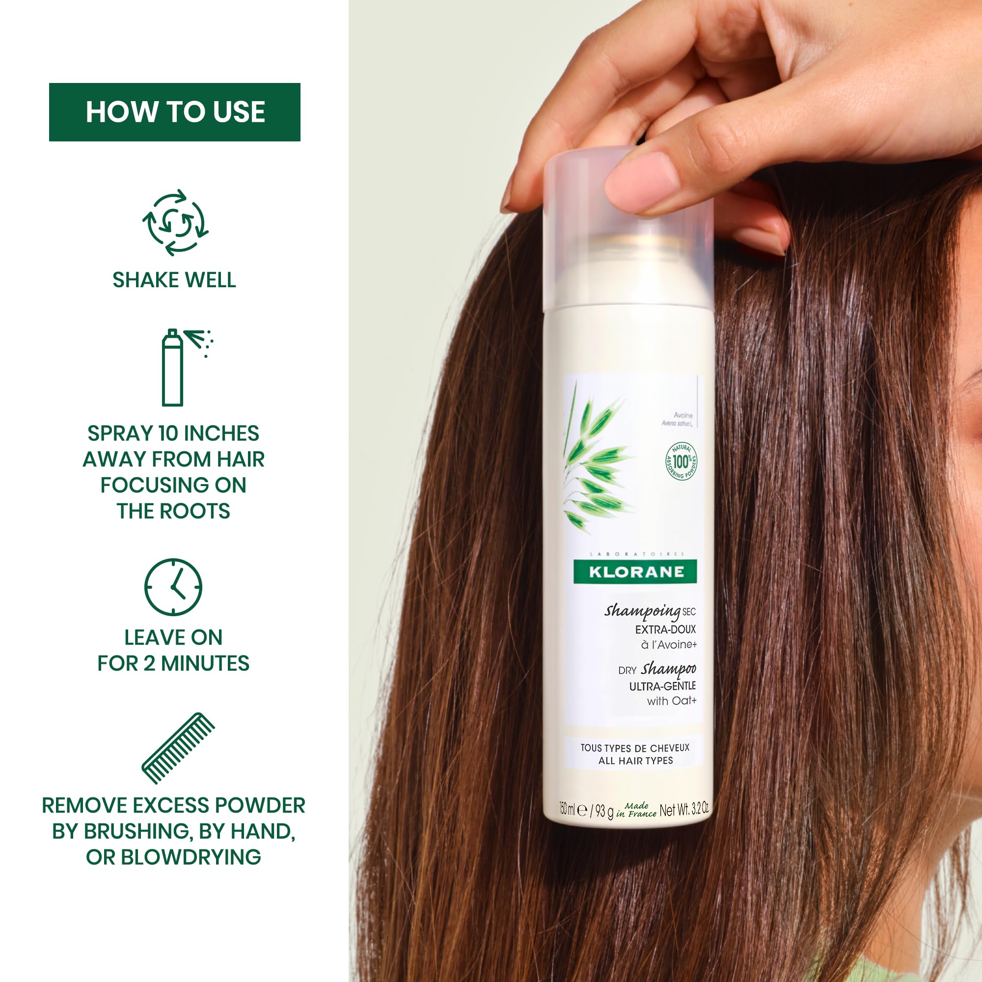 Klorane Ultra Gentle Dry Shampoo with Oat+ - Gentle Formula - Instantly Revives Hair and Eliminates Odor, Dirt, and Oils - Hypoallergenic & Vegan - Paraben & Sulfate-Free