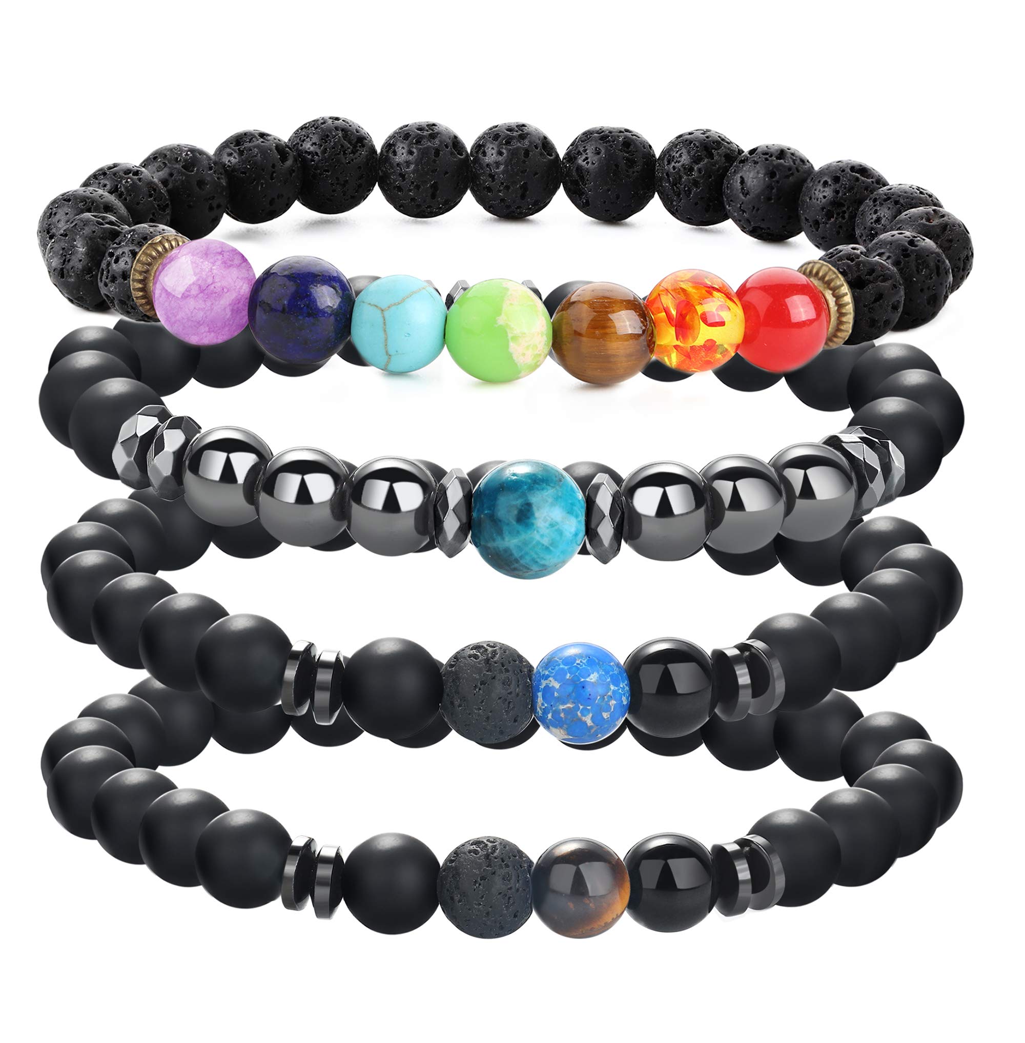 YADOCA 4 PCS 8MM Beads Bracelet for Men Lava Tiger Eye Stone Chakra Bracelet Gothic Punk Stretch Bracelet Set
