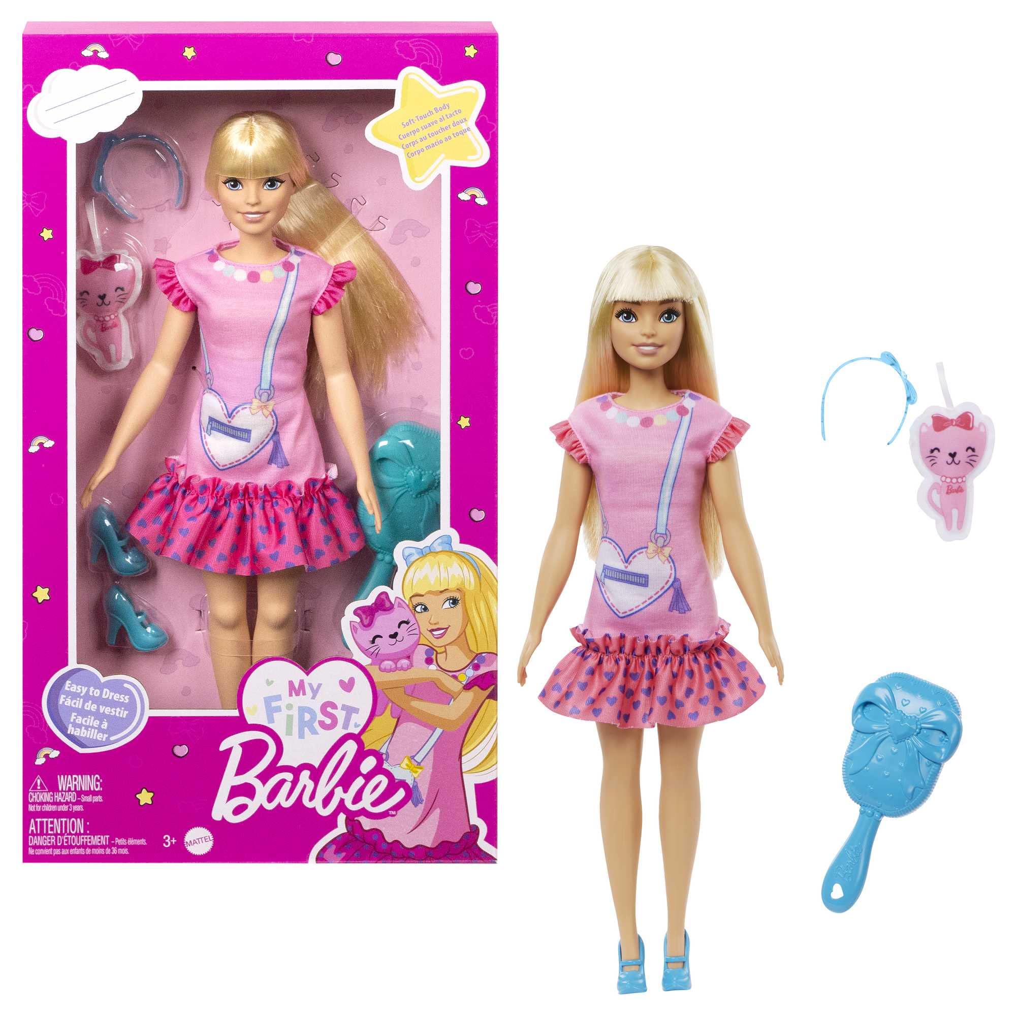 Barbie Doll for Preschoolers, My First Barbie “Malibu” Doll, 13.5 Inch doll, Blonde Hair Kids Toys and Gifts, Plush Kitten, Accessories, Soft Poseable Body, from 3 Years, HLL19