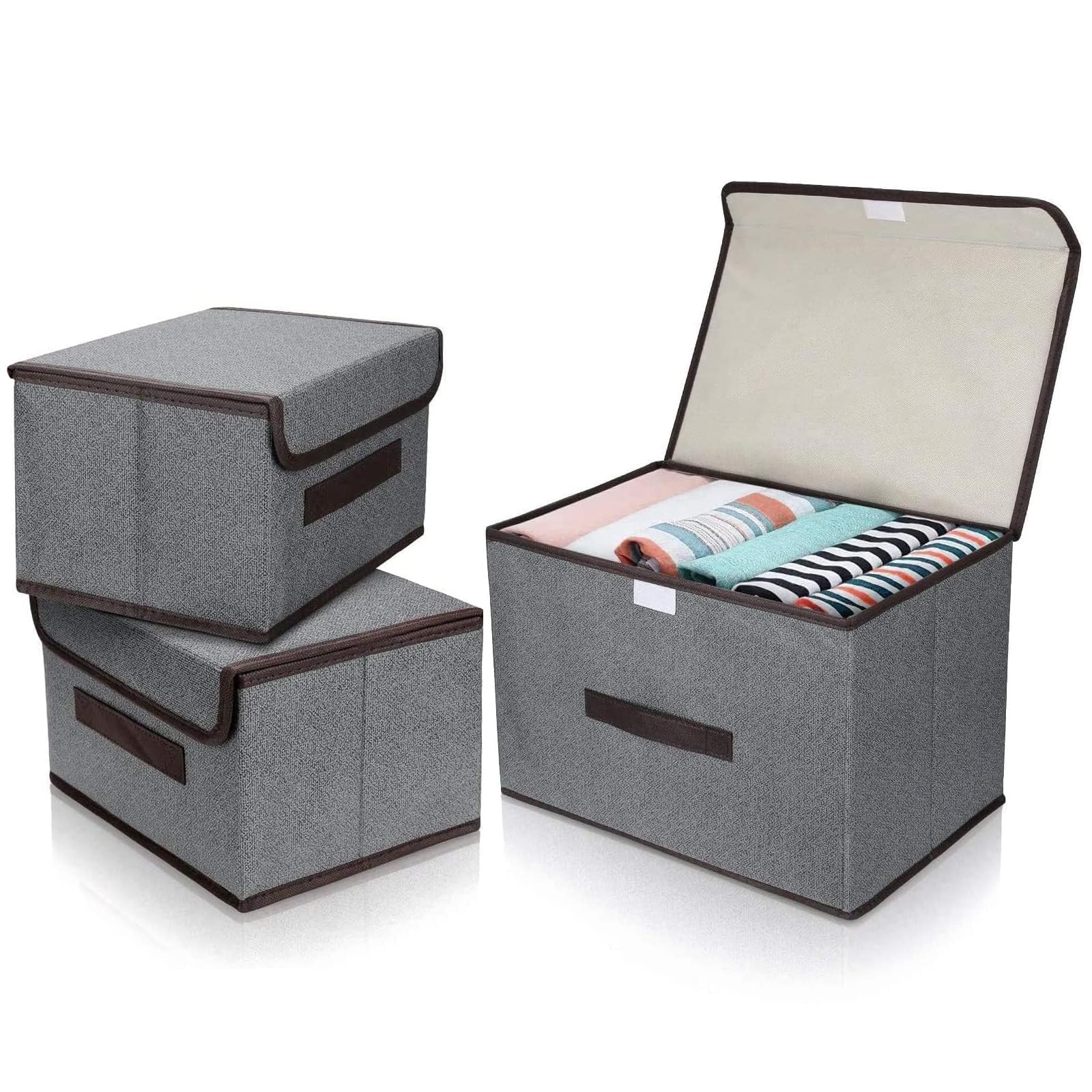 QINGHEC 3 Pcs Fabric Foldable Storage Boxes With Lids - 2 Sizes, Canvas Bins for Toys, Books, Bedroom, Living Room - Grey Collapsible Organizers