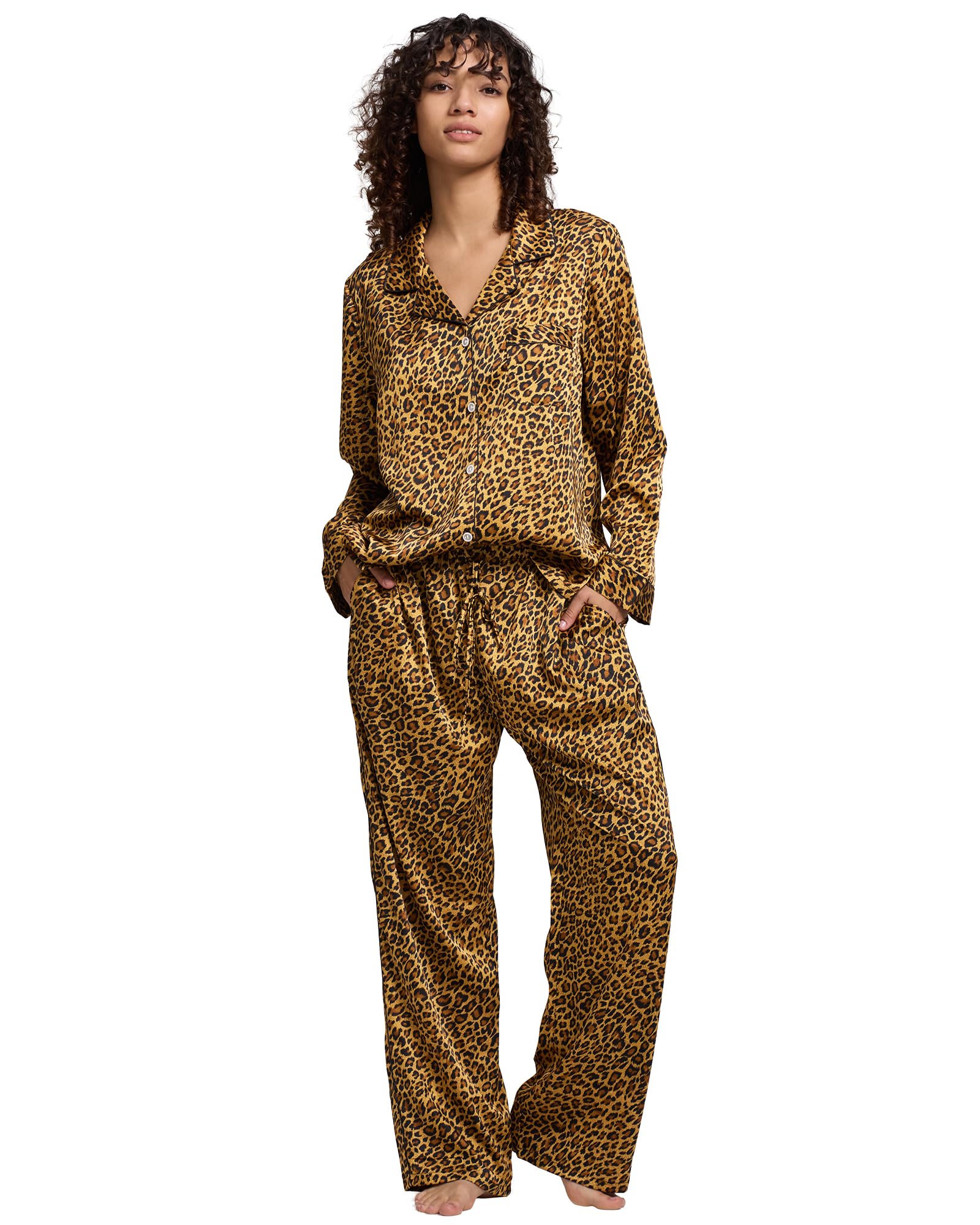 Photo 1 of YiNi LuLu Womens Silk Satin Pajamas Set Button Down 2 Piece Pjs Set For Women Long Sleeve Oversized Sleepwear with Pockets Leopard
