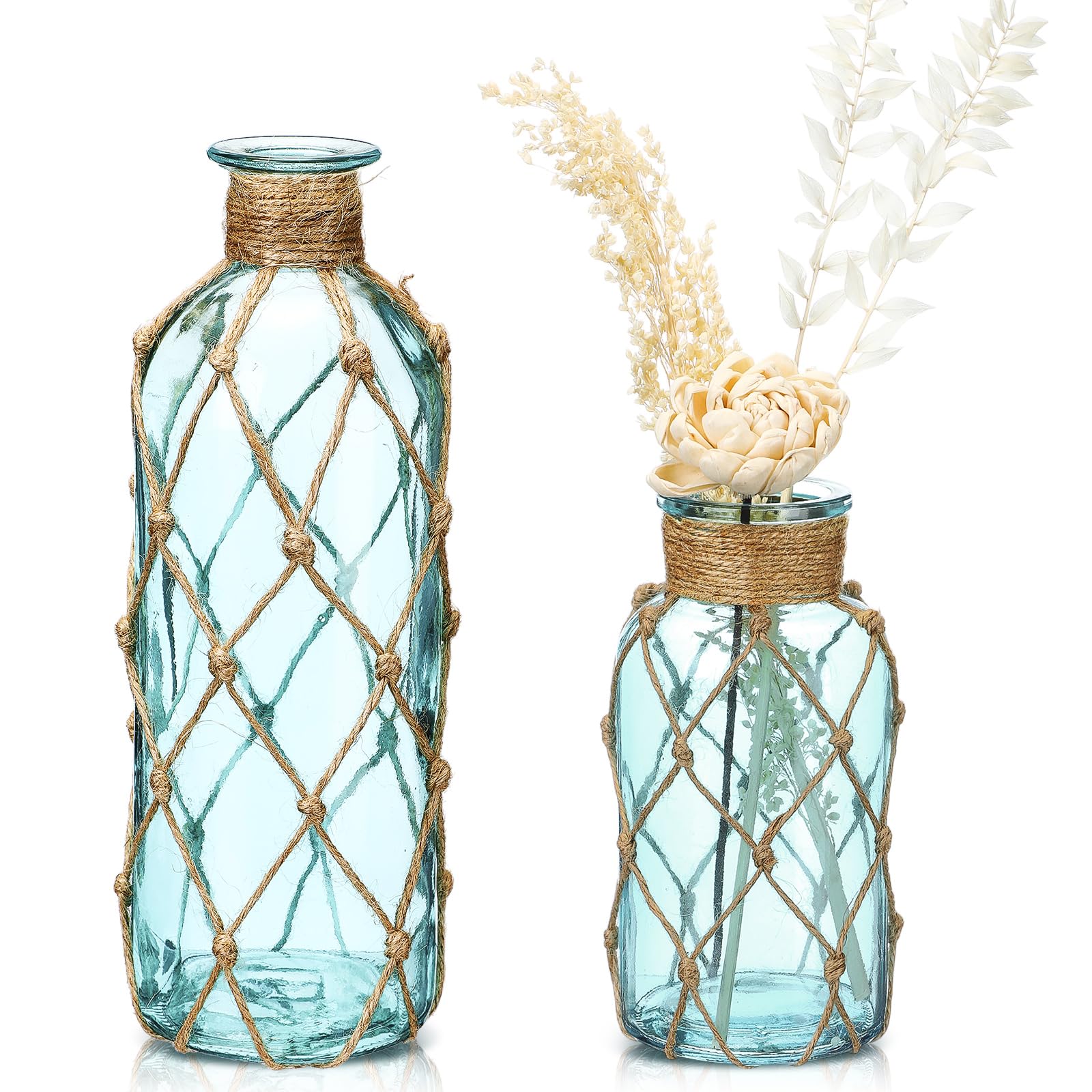 Photo 1 of Chuangdi Set of 2 Coastal Glass Vases for Flowers Small Flower Vase with Boho Rope Wrapping Beach Decorative Bottle for Coastal Nautical Table Centerpiece Wedding Floral Arrangement Decor(Light Blue)