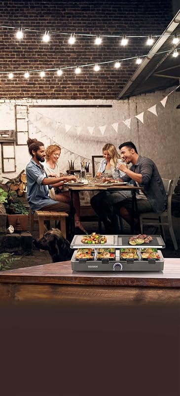 Raclette-Grill mit Naturgrillstein und Grillplatte, Raclette mit antihaftbeschichteter Grillplatte und 8 Pfännchen, Tischgrill für 8 Personen, max. 1300 W, schwarz, RG 2371