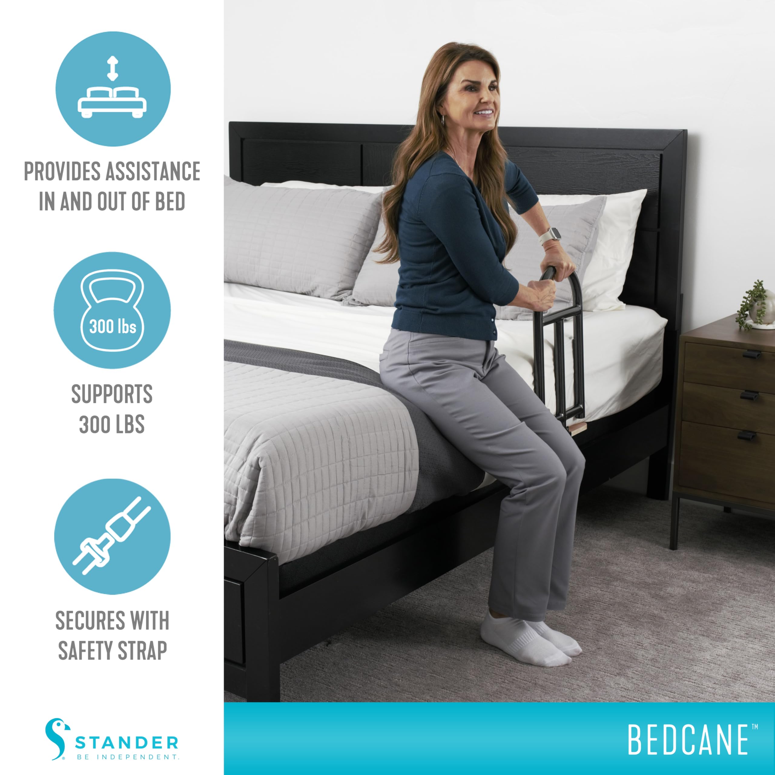 Stander BedCane, Adult Bed Rail and Support Handle, Bedside Safety Elderly Stand Assist with Organizer Pouch, ASTM Safety Approved Bedrail