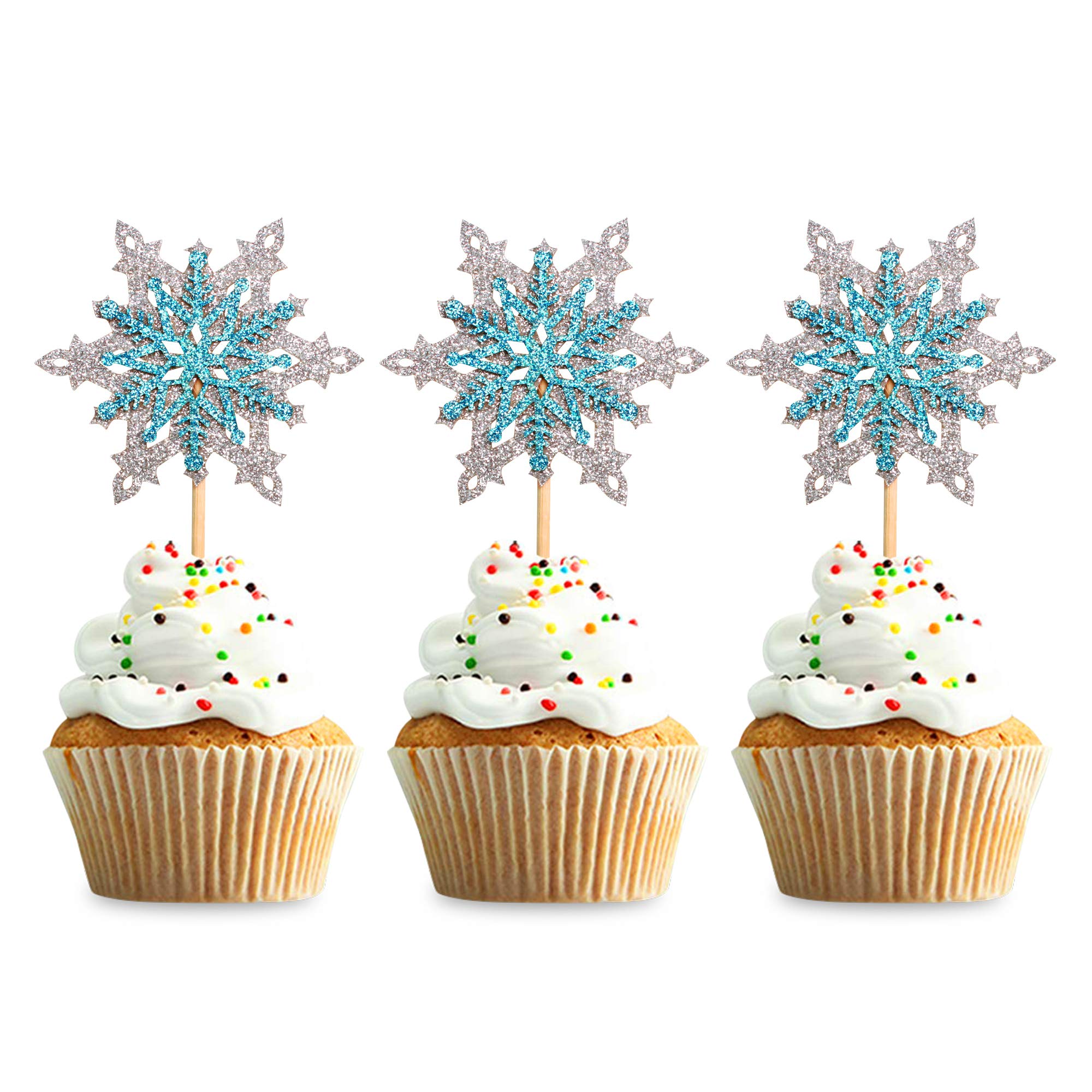 Blumomon 24 Pack Snowflake Cupcake Toppers Glitter Double Layer Winter Frozen Cake Toppers for Birthday Party Christmas Wedding Party Cake Decorations Party Supplies