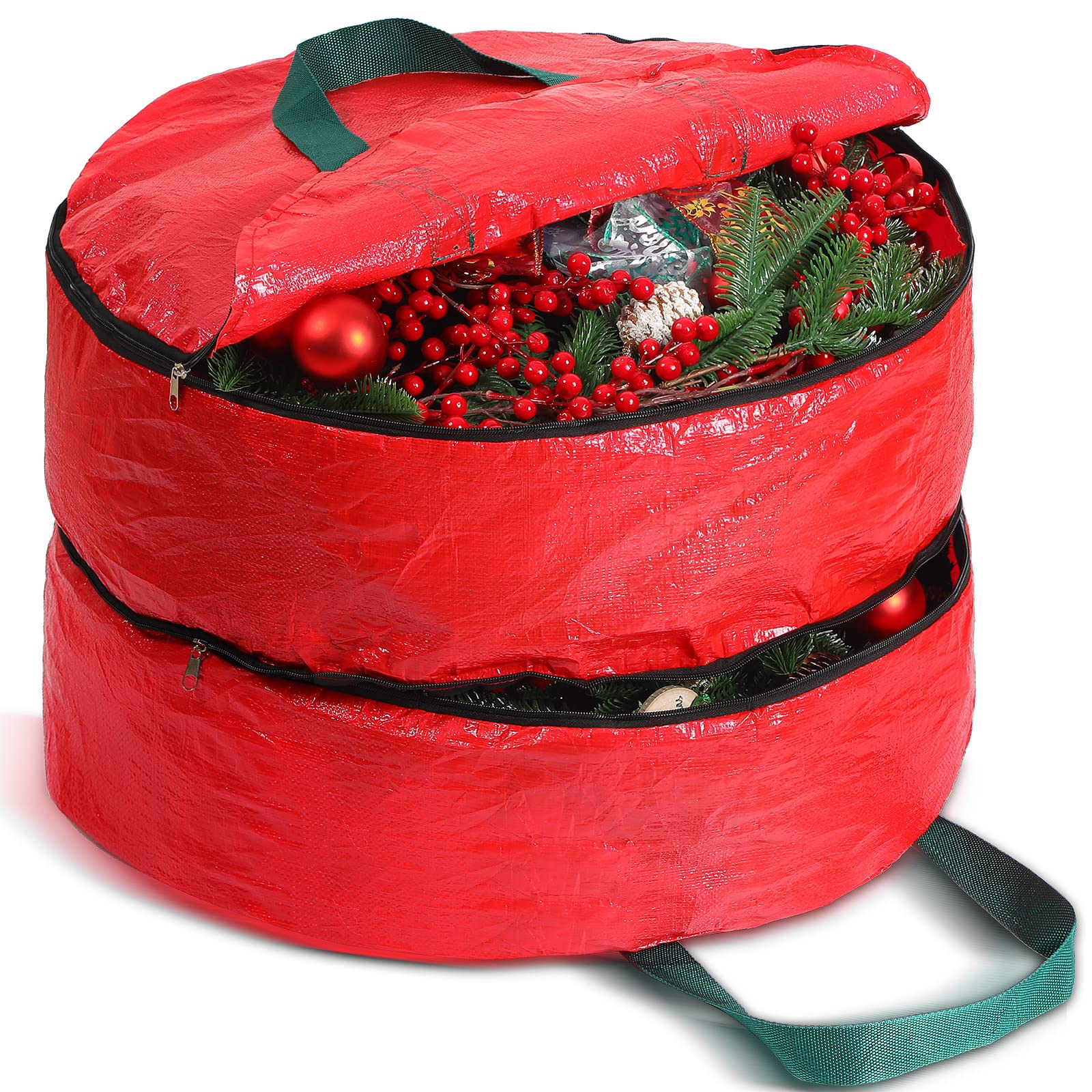 Shappy Double-Sided Christmas Wreath Storage Bag Red Wreath Container Plain Seasonal Garland Container Festive Wreath Box with Double Zippers and Handles, Red (30 Inches)