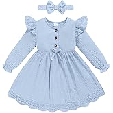 Sinhoon Toddler Fall Dress Baby Girl Dress Ruffle Long Sleeve Toddler Girl Dress Smocked Baby Fall Dresses with Bow Headband