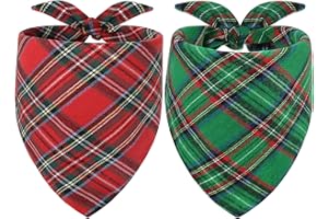 Vivifying Dog Christmas Bandana, 2 Pack Classic Plaid Triangle Pet Scarf for Small Dogs and Medium Dogs, Holiday Costume for Festive Photo Prop, Party Decor (Large, Green&Red)