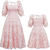Mommy and Me Matching Dresses Floral Printed Ruffled Lantern Sleeves A-Line Long Dress Mom Daughter Matching Outfits