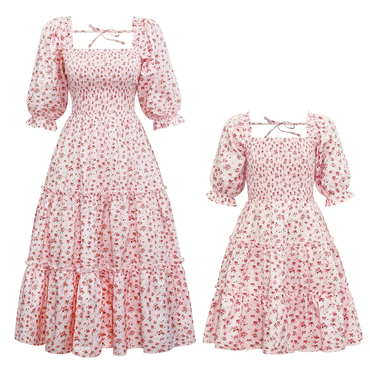 Photo 1 of *Mokm's dress only/ no kids dress. Partial Set**** Mommy and Me Matching Dresses Floral Printed Ruffled Short Lantern Sleeves A-Line Long Dress Hidden Back Zipper Closure Summer Mom Daughter Matching Outfits Pink Floral X-Large