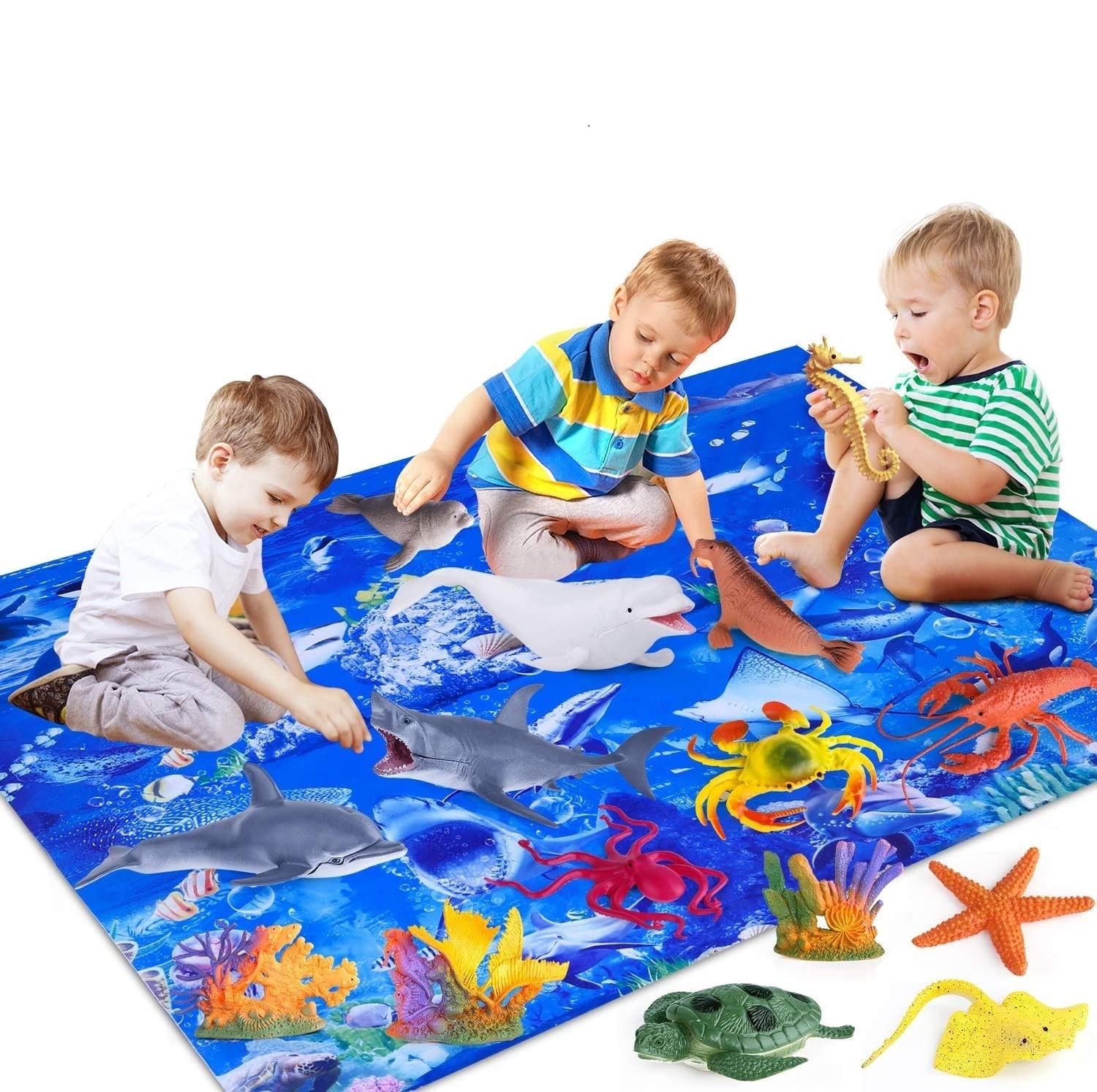 INNOCHEER Kids Ocean Animals Toys with Large Play Mat, 18 Pack Assorted Realistic Sea Animal Toys with Carrier Bag Including Shark, Whale, Dolphin etc, for Toddler, Boys & Girls Ages 3-8
