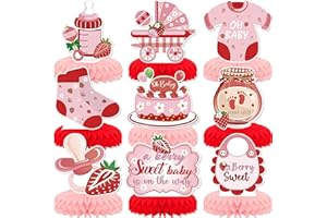 KSKSPE Strawberry Baby Shower Party Decorations - 9 PCS Honeycomb Centerpieces for Tables, 3D Theme Birthday Party Decor Supplies for Boys Girls