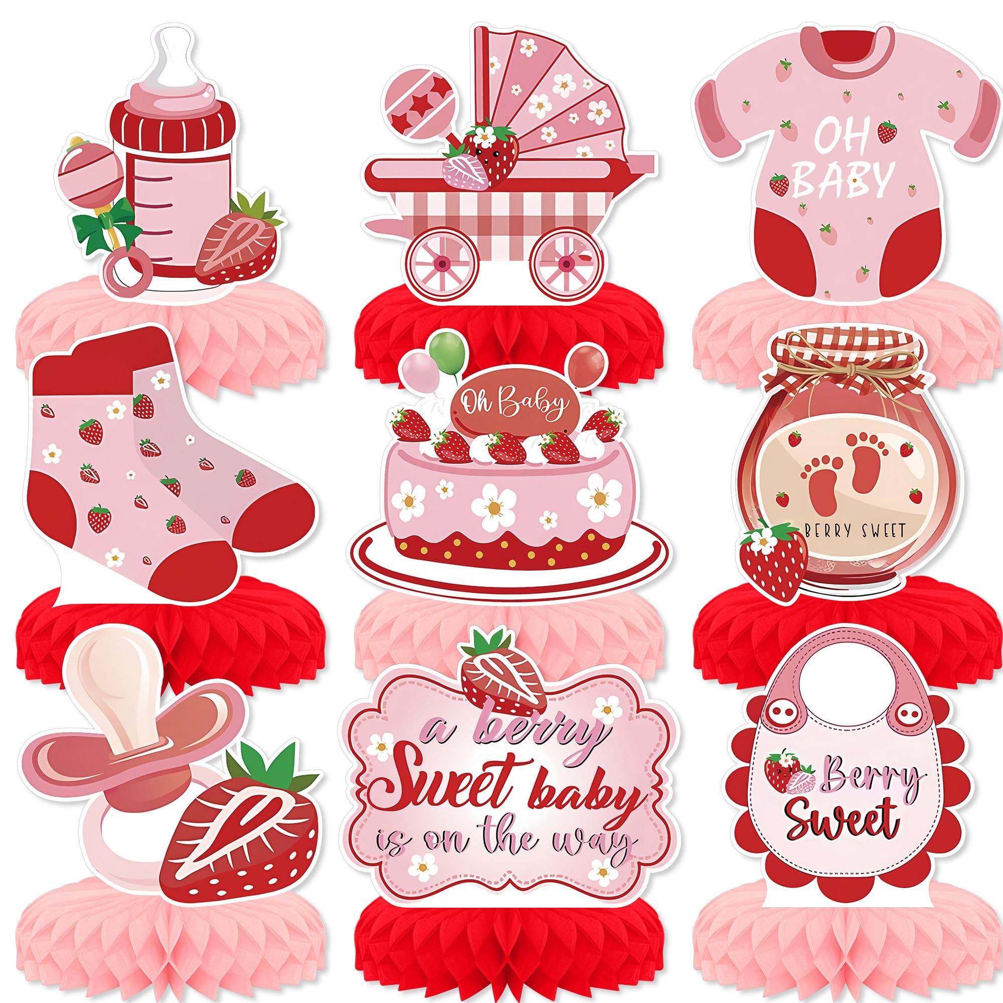 Photo 1 of KSKSPE Strawberry Baby Shower Party Decorations - 9 PCS Honeycomb Centerpieces for Tables, 3D Theme Birthday Party Decor Supplies for Boys Girls