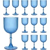 LEYIQU Plastic Wine Glasses 9oz Set, Ribbed Vintage Goblets Unbreakable Reusable BPA-Free Stemmed Drinking Glasses for Parties, Weddings & Events (Blue, 12pcs)