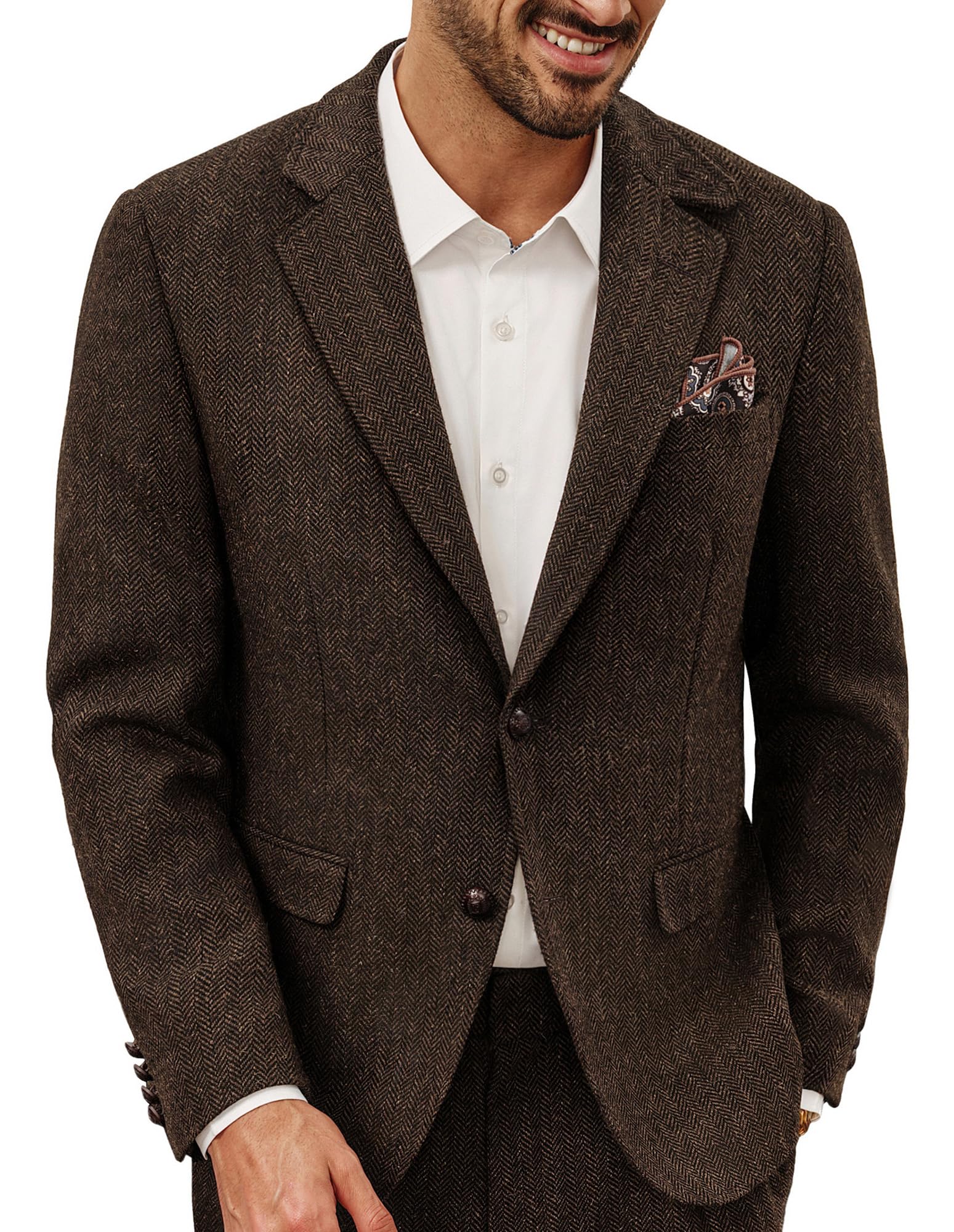 Photo 1 of PJ PAUL JONES Men's Vintage Sport Coats Two Button Suit Jacket Wool Herringbone Tweed Notch Lapel Blazer Dark Coffee / L/ XL 