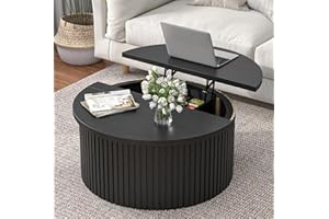 Fsbecl Round Lift Top Coffee Table with Hidden Storage, 31.6 Inch Modern Coffee Tables for Living Room, Circle Wood Fluted Center Tables Dining Table for Home, Office (Black)