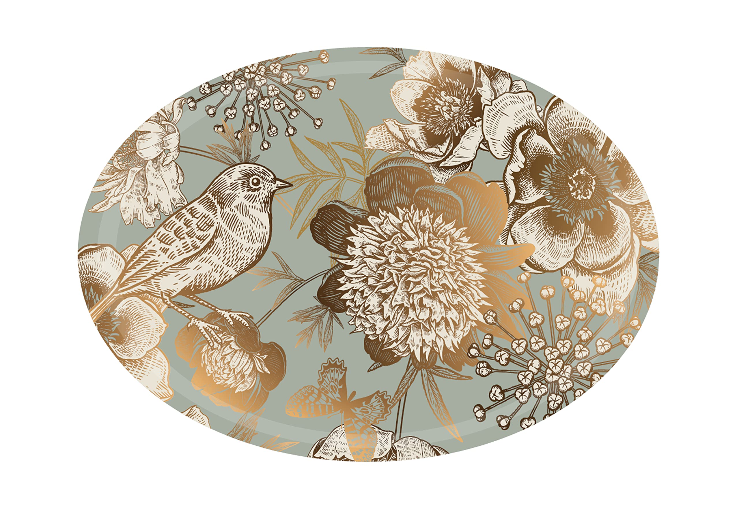 Harfield Small Oval Tea Coffee Tray Gold Bird and Flower Print 28x20cm