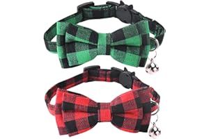 Malier 2 Pack Christmas Cat Collars Breakaway with Bow Tie and Bell, Classic Buffalo Plaid Kitten Collar with Cat Bow Tie Cat Collar for Cats Kitty Kitten Cat Stocking (Red + Green)