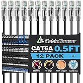 CableGeeker Cat6A Ethernet Patch Cable 0.5ft-12Pack Black, High-Speed 10Gpbs, 550MHz Slim Patch Cables, 28AWG Flexiable Netwo