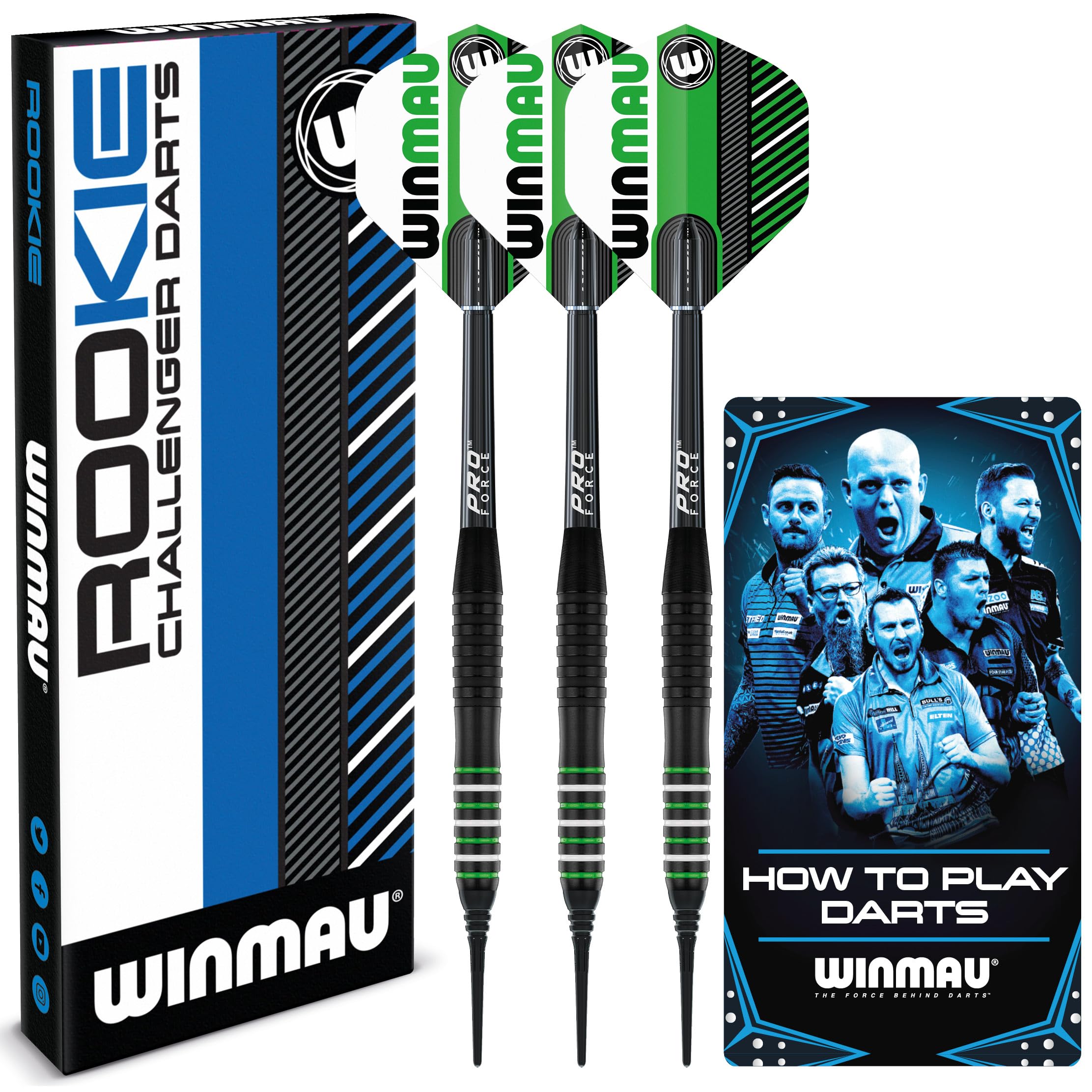 WINMAU Rookie Green Softip (Plastic Tips) Brass Darts Set | Single or Multi Sets | Includes Flights and Shafts (Stems) | Exclusive Darts Booklet | Blue, Red and Green |