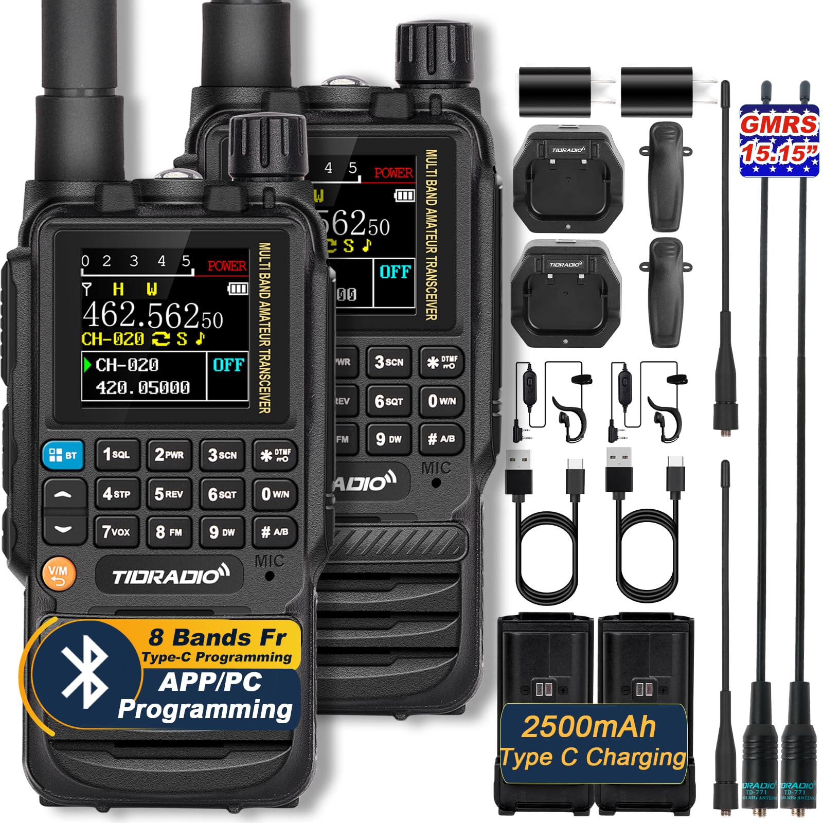 Photo 1 of TIDRADIO TD-H3 GMRS Radios Handheld, APP/Web Bluetooth Programming, 8-Band Long Range Walkie Talkies Two Way Radios, Air Band, Freq Copy, DTMF, NOAA Weather, 2500mAh, 15.15in Antenna - Full Kit 2 Pack