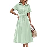 ANRABESS Womens Summer Midi Dress Short Sleeve Striped Plaid Button Collar Shirt Dresses 2026 Casual Beach Vacation Clothes Light Green White Stripe L