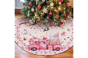 Rovozar Valentine's Day Tree Skirt, Pink Gnome Tree Skirt 36 Inch, Pink Truck Christmas Tree Decoration, Gifts for Valentine's Day Anniversary Engagement Party Decor