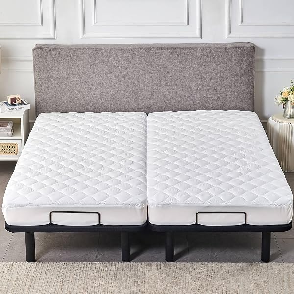 WATERPROOF QUILTED SPLIT KING MATTRESS PROTECTOR PAD FOR ADJUSTABLE BED NOISELESS FITTED MATTRESS COVER SOFT PADDED TOPPER WITH UP TO 16 DEEP POCKET