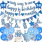 Half Birthday Decorations Banner Supplies - 28 Pcs Blue Happy 1/2 Year Birthday Banner Heart Crown Balloons Pennant Glitter Cake Topper for Baby Boy 6 Months Party Decor