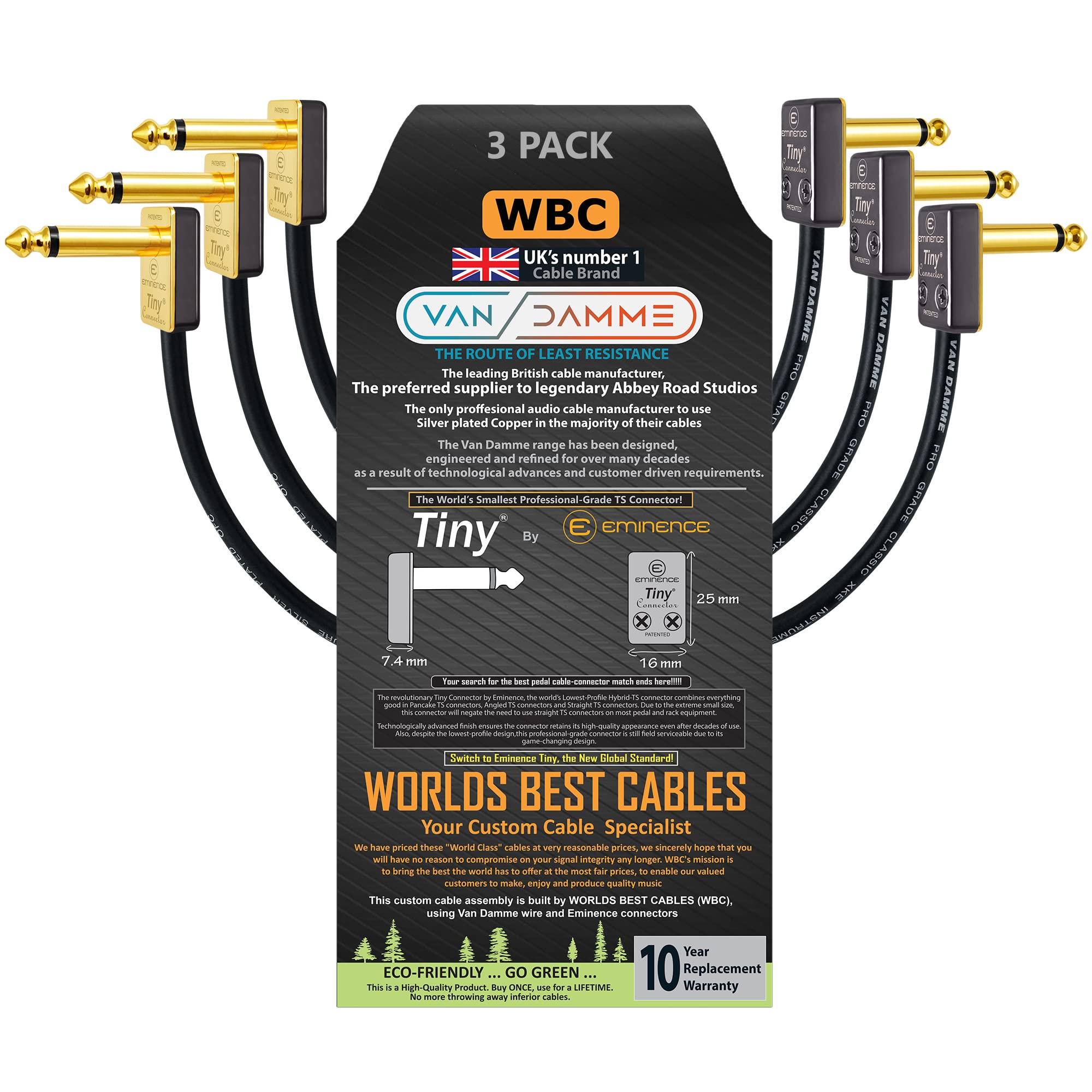 3 Units - 10 CM - Van Damme Pro Grade Classic XKE – Premium Silver-plated OFC, Flexible Shielded Guitar Bass Instrument Effects Pedal Patch Cable w/ Eminence Tiny Gold Plated Angled TS Connectors