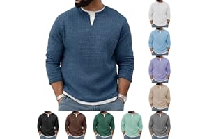 Waffle Shirt for Men Casual Loose Fit Solid Henley Shirts Long Sleeve Warm Fake Two-Piece Fashion Mens Pullover Tops