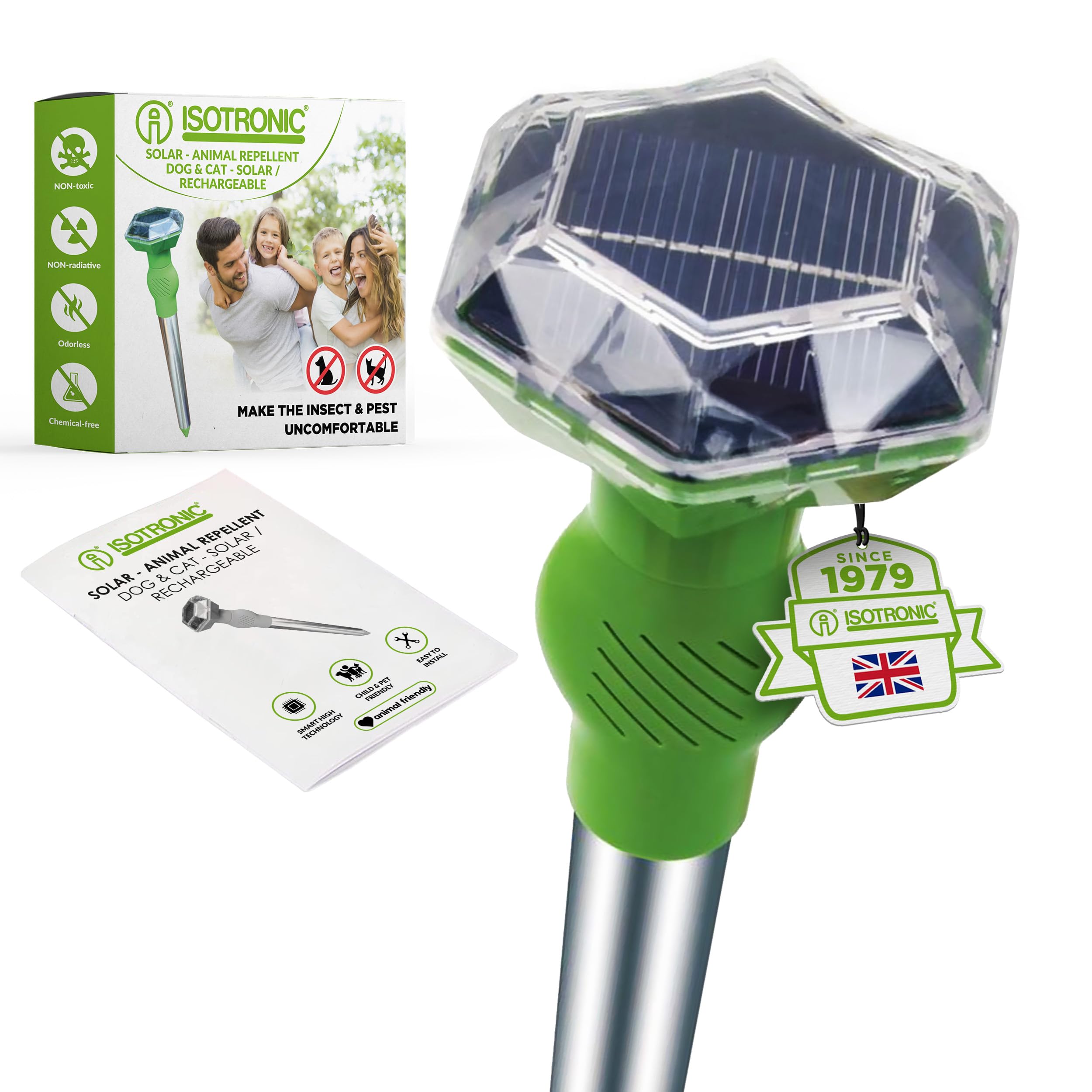 ISOTRONIC Solar Animal Repeller for Repelling Cats, Dogs, Foxes & Raccoons - Ultrasonic Cat Deterrent for the Garden - Dog Repellent with 40 m² Effective Area (Pack of 1)