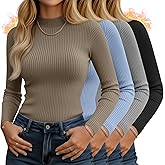 Sweetyweee 4 Pack Women's Mock Neck Long Sleeve Tops Ribbed Slim Fitted Cotton Thermal Shirts Casual Stretch Tight Base Layer