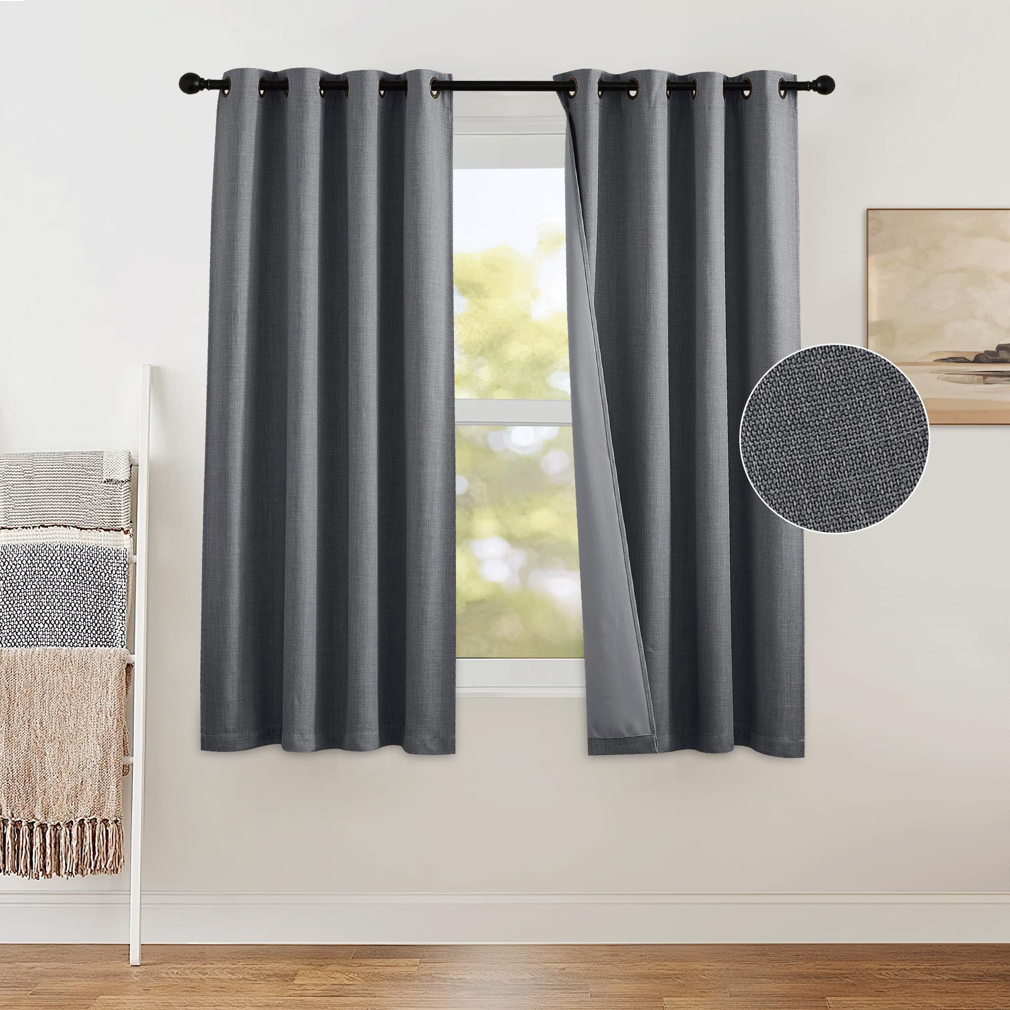 PONY DANCE Blackout Curtains for Living Room, Boho Saving Energy Linen Curtains with Bronze Eyelet, 2 Panels Grey Privacy and Thermal Window Drapes for Bedroom, 46 Wide x 54 Drop