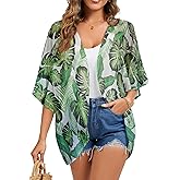 FINOCEANS Womens Floral Chiffon Kimono Cardigans Loose Beach Cover Up Half Sleeve Tops
