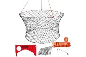 KRAKEN SUPPLY CO Crab Trap Hoop Net 2 Ring Trap for Pier Dock Jetty Dungeness Rock Blue Crabs with Float, Line Bait Clip and Bag 24" x 20" x 14"